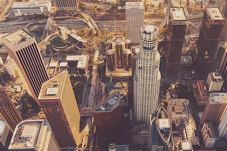 Aerial View Of A Downtown LA At Sunset