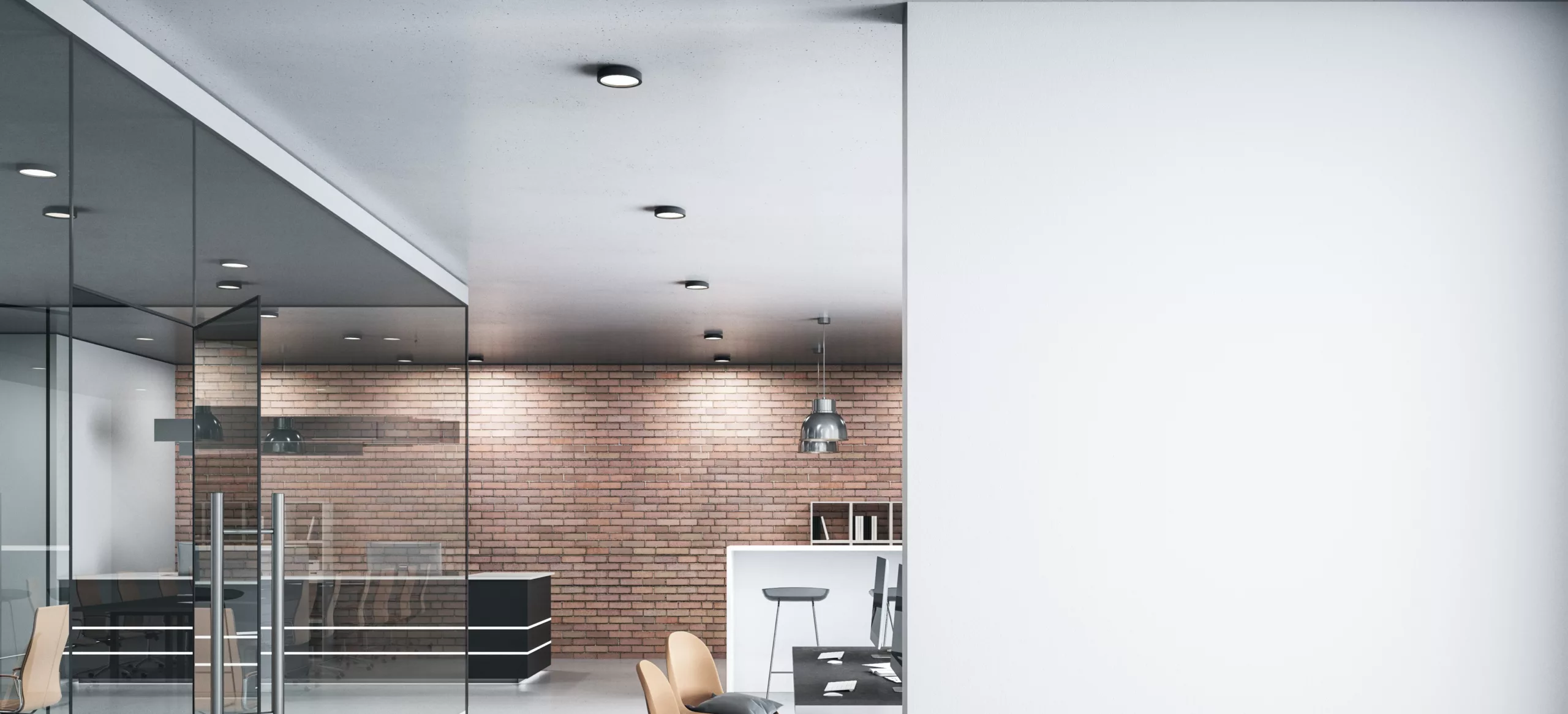 Comfortable Office Lobby Interior With Blank White Wall.